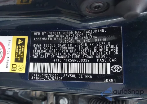 2016 Toyota Camry Le from USA, damaged, VIN 4T4BF1FK5GR550322